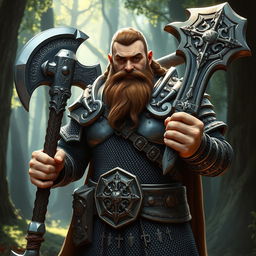 A male dwarf paladin standing confidently, wielding a massive greataxe with intricate engravings