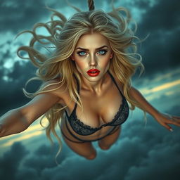 A beautiful blonde witch with striking blue eyes and bold red lips, wearing elegant lingerie, is depicted as gracefully falling from a dramatic sky