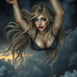 A beautiful blonde witch with striking blue eyes and bold red lips, wearing elegant lingerie, is depicted as gracefully falling from a dramatic sky