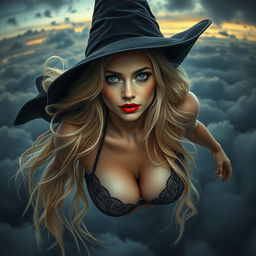 A beautiful blonde witch with striking blue eyes and bold red lips, wearing elegant lingerie, is depicted as gracefully falling from a dramatic sky