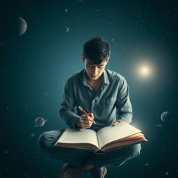 A 21-year-old man sitting alone, deeply focused on writing in an open book