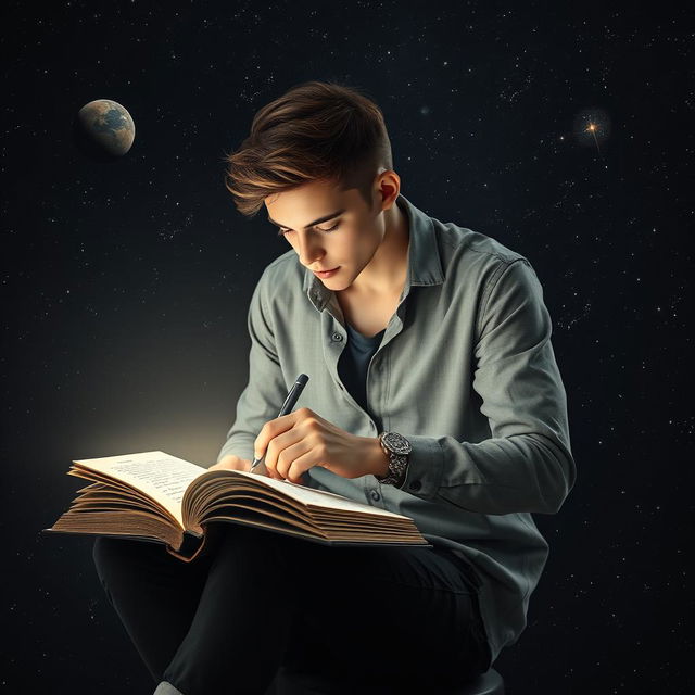 A 21-year-old man sitting alone, deeply focused on writing in an open book