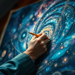 A close-up of a hand skillfully drawing an intricate representation of the universe on a large piece of parchment