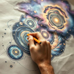 A close-up of a hand skillfully drawing an intricate representation of the universe on a large piece of parchment