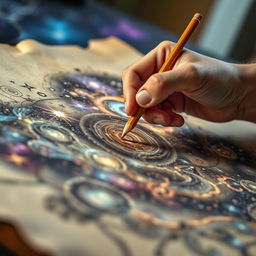 A close-up of a hand skillfully drawing an intricate representation of the universe on a large piece of parchment