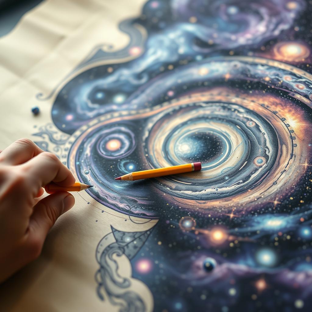 A close-up of a hand skillfully drawing an intricate representation of the universe on a large piece of parchment