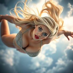 A beautiful blonde woman in elegant lingerie, featuring striking blue eyes and bold red lips, appears to be falling gracefully from a cloudy sky