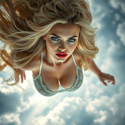 A beautiful blonde woman in elegant lingerie, featuring striking blue eyes and bold red lips, appears to be falling gracefully from a cloudy sky