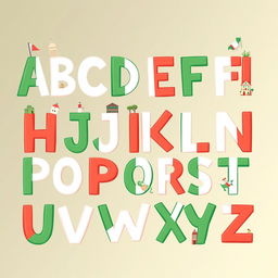 A vibrant and colorful illustration featuring the alphabet creatively arranged, with each letter designed in the colors of the Italian flag: green, white, and red