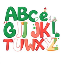 A vibrant and colorful illustration featuring the alphabet creatively arranged, with each letter designed in the colors of the Italian flag: green, white, and red