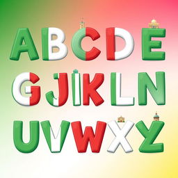 A vibrant and colorful illustration featuring the alphabet creatively arranged, with each letter designed in the colors of the Italian flag: green, white, and red