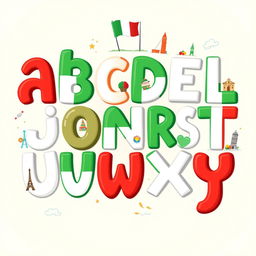 A vibrant and colorful illustration featuring the alphabet creatively arranged, with each letter designed in the colors of the Italian flag: green, white, and red