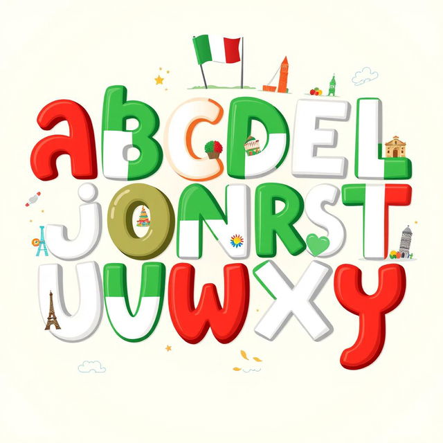 A vibrant and colorful illustration featuring the alphabet creatively arranged, with each letter designed in the colors of the Italian flag: green, white, and red