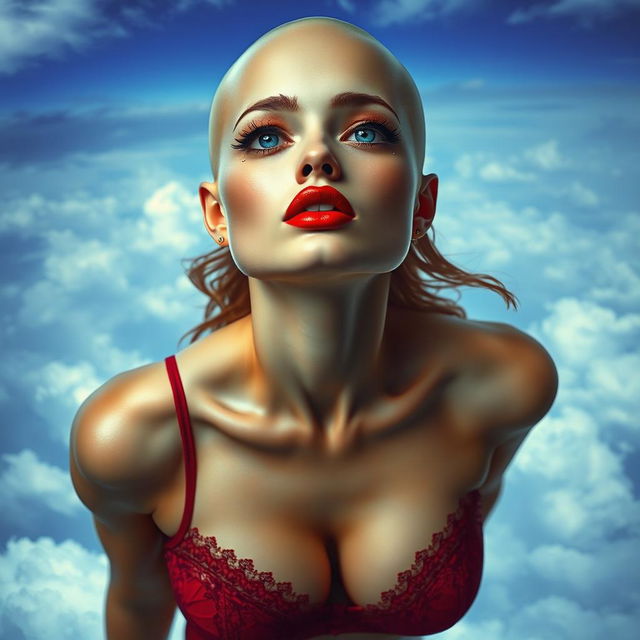 A stunning bald woman with striking blue eyes and vibrant red lips, elegantly dressed in seductive lingerie