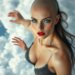 A stunning bald woman with striking blue eyes and vibrant red lips, elegantly dressed in seductive lingerie