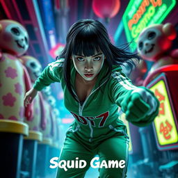 A dynamic scene featuring a character inspired by the popular series 'Squid Game'