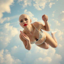A beautiful bald woman in elegant lingerie, featuring striking blue eyes and bold red lips, gracefully falling from the sky surrounded by soft clouds
