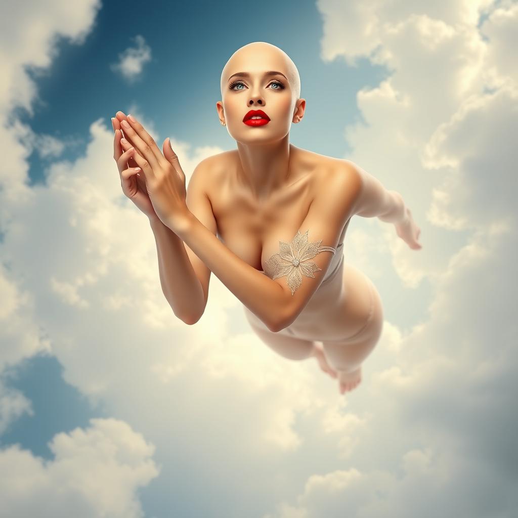 A beautiful bald woman in elegant lingerie, featuring striking blue eyes and bold red lips, gracefully falling from the sky surrounded by soft clouds