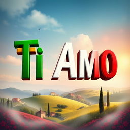 A vibrant and artistic representation of the phrase 'Ti Amo' prominently displayed in bold, colorful letters that mimic the colors of the Italian flag: green, white, and red