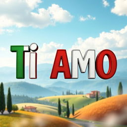 A vibrant and artistic representation of the phrase 'Ti Amo' prominently displayed in bold, colorful letters that mimic the colors of the Italian flag: green, white, and red
