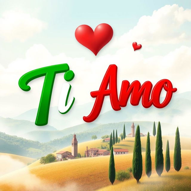 A vibrant and artistic representation of the phrase 'Ti Amo' prominently displayed in bold, colorful letters that mimic the colors of the Italian flag: green, white, and red