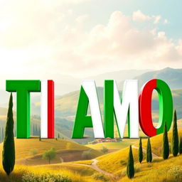 A vibrant and artistic representation of the phrase 'Ti Amo' prominently displayed in bold, colorful letters that mimic the colors of the Italian flag: green, white, and red