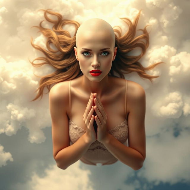 A beautiful bald woman in elegant lingerie, featuring striking blue eyes and bold red lips, gracefully falling from the sky surrounded by soft clouds