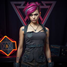 A young woman dressed in a distressed outfit reminiscent of a Squid Game character, showcasing a mix of empowerment and vulnerability