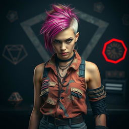 A young woman dressed in a distressed outfit reminiscent of a Squid Game character, showcasing a mix of empowerment and vulnerability
