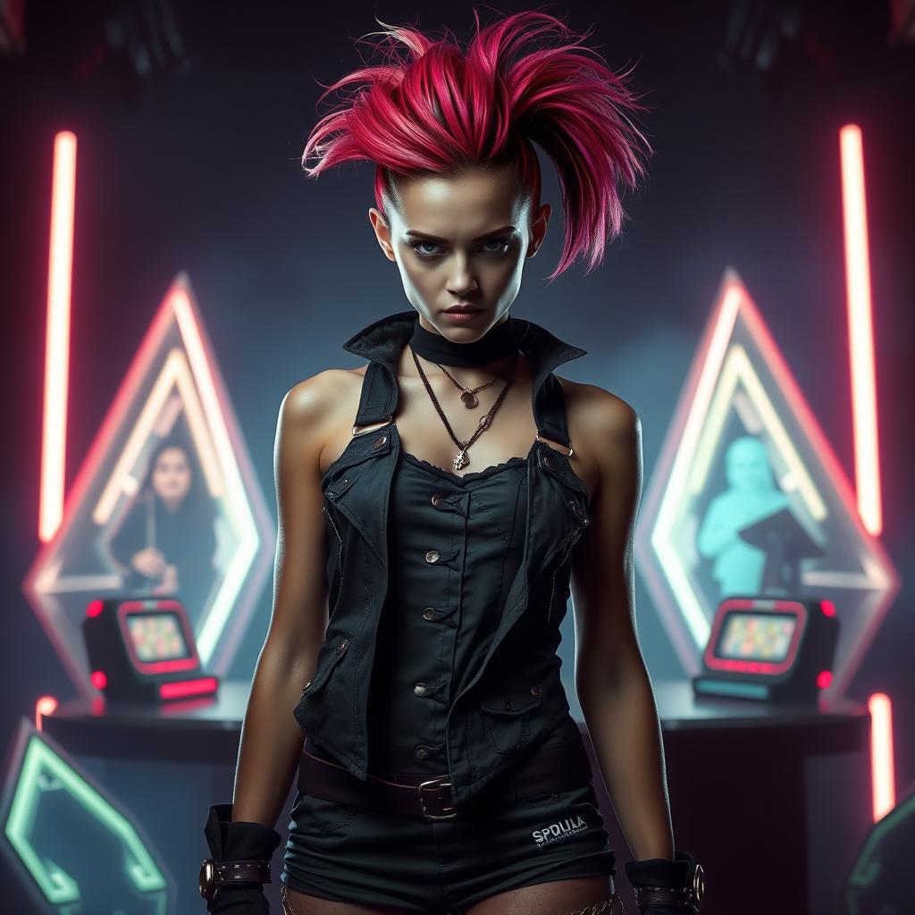 A young woman dressed in a distressed outfit reminiscent of a Squid Game character, showcasing a mix of empowerment and vulnerability