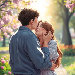 A romantic scene capturing the moment of a passionate kiss between a couple, focusing on the emotion and tenderness of the interaction