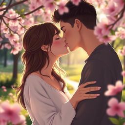A romantic scene capturing the moment of a passionate kiss between a couple, focusing on the emotion and tenderness of the interaction