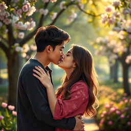 A romantic scene capturing the moment of a passionate kiss between a couple, focusing on the emotion and tenderness of the interaction