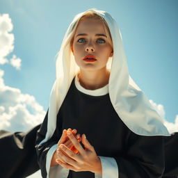 A beautiful blonde nun with striking blue eyes and vibrant red lips, gracefully falling from the sky while engaging in a serene prayer