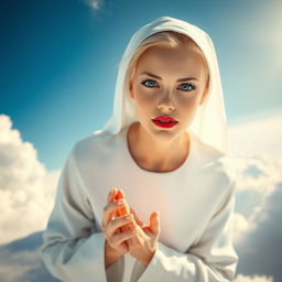 A beautiful blonde nun with striking blue eyes and vibrant red lips, gracefully falling from the sky while engaging in a serene prayer