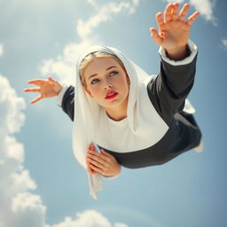 A beautiful blonde nun with striking blue eyes and vibrant red lips, gracefully falling from the sky while engaging in a serene prayer