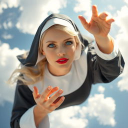 A beautiful blonde nun with striking blue eyes and vibrant red lips, gracefully falling from the sky while engaging in a serene prayer