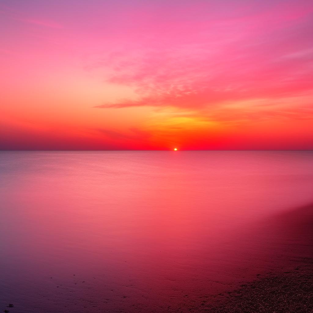 Generate an image of a picturesque sunset over the ocean, with vibrant pink and orange hues infused in the sky and reflecting on the calm waves.