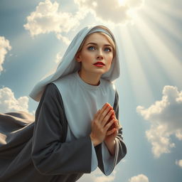 A beautiful blonde nun with striking blue eyes and vibrant red lips, gracefully falling from the sky