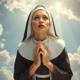 A beautiful blonde nun with striking blue eyes and vibrant red lips, gracefully falling from the sky