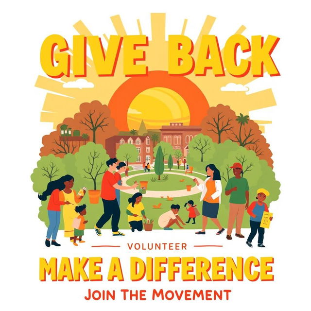 A vibrant and inspiring poster illustrating the importance of volunteerism, featuring diverse individuals engaged in various volunteer activities such as helping at a food bank, painting a community center, planting trees, and mentoring youth