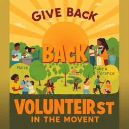 A vibrant and inspiring poster illustrating the importance of volunteerism, featuring diverse individuals engaged in various volunteer activities such as helping at a food bank, painting a community center, planting trees, and mentoring youth