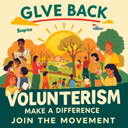 A vibrant and inspiring poster illustrating the importance of volunteerism, featuring diverse individuals engaged in various volunteer activities such as helping at a food bank, painting a community center, planting trees, and mentoring youth