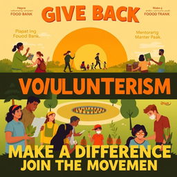 A vibrant and inspiring poster illustrating the importance of volunteerism, featuring diverse individuals engaged in various volunteer activities such as helping at a food bank, painting a community center, planting trees, and mentoring youth