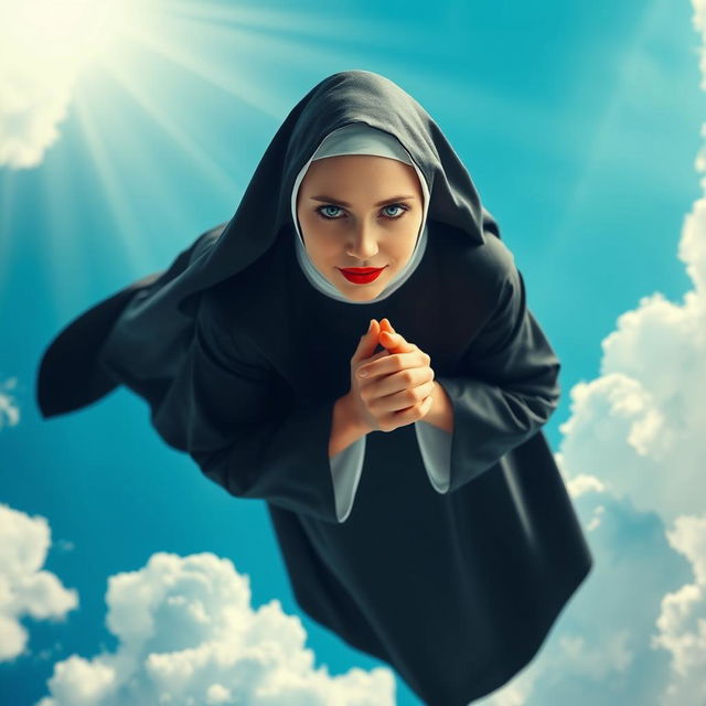 A beautiful bald nun with striking blue eyes and vibrant red lips, gracefully falling from the sky, her hands clasped in prayer