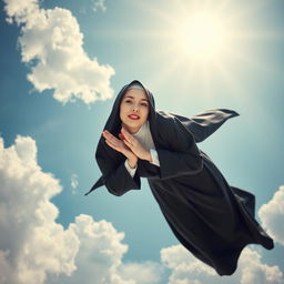 A beautiful bald nun with striking blue eyes and vibrant red lips, gracefully falling from the sky, her hands clasped in prayer