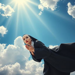 A beautiful bald nun with striking blue eyes and vibrant red lips, gracefully falling from the sky, her hands clasped in prayer