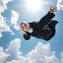 A beautiful bald nun with striking blue eyes and vibrant red lips, gracefully falling from the sky, her hands clasped in prayer