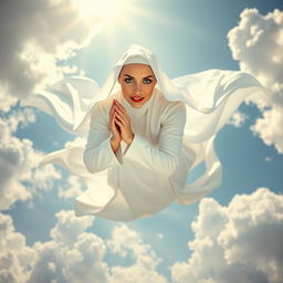 A beautiful, busty bald nun with striking blue eyes and vibrant red lips, gracefully falling from the sky in a dynamic pose, her hands clasped in prayer