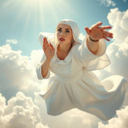 A beautiful, busty bald nun with striking blue eyes and vibrant red lips, gracefully falling from the sky in a dynamic pose, her hands clasped in prayer